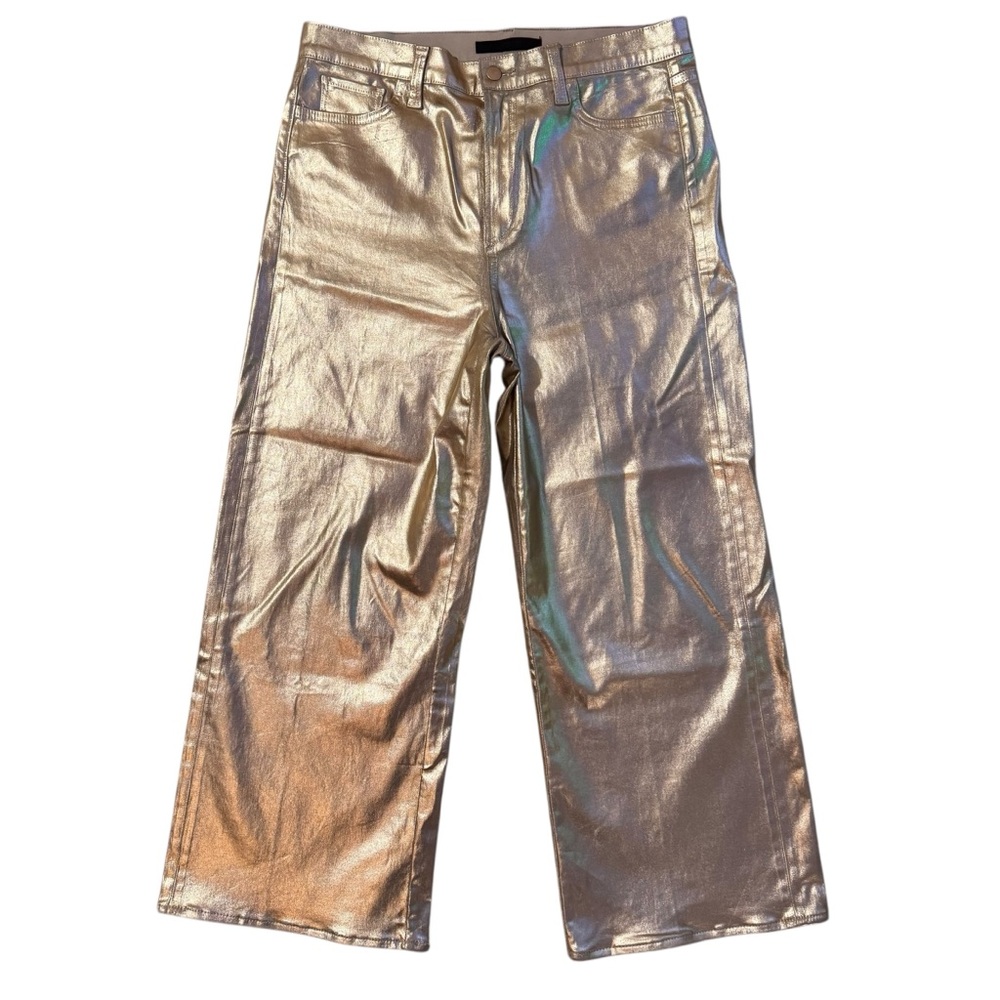 Joes Jeans The Mia Gold Foil High Rise Wide Leg Jeans Size 32 Ankle Crop Metal